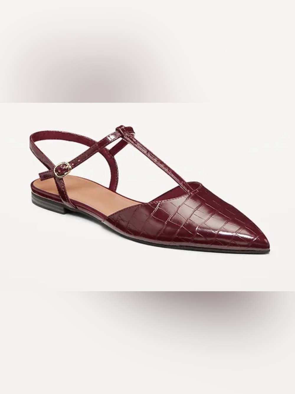 ON Women’s Burgundy T-Strap Croc-Embossed Flat